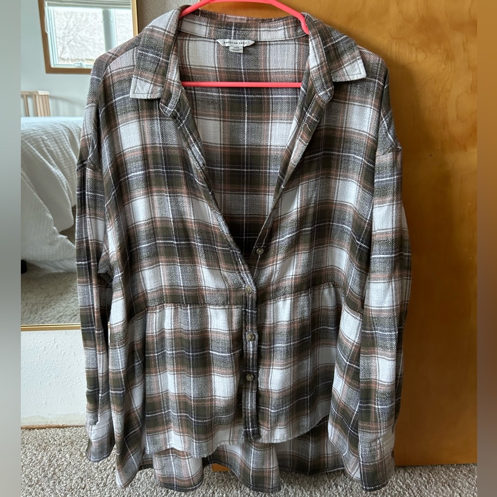 AE Plaid Long Sleeve Babydoll Blouse